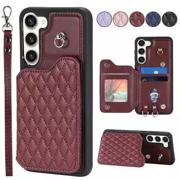 Роскошный чехол-кошелек с отделениями для карт в клетку для Samsung A13 A14 A52 A53 A54 S23 S22 S21 iPhone 14 13 12 11 откидная крышка из искусственной кожи с магнитной пряжкой и ремешком на руку iPhone 6 Plus/6S Plus чёрный