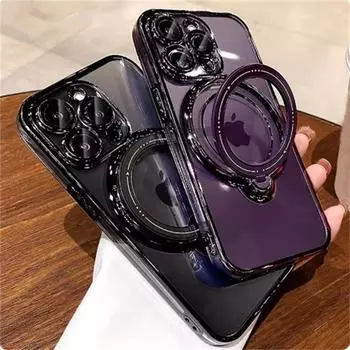 Роскошный чехол Magsafe для беспроводной зарядки iPhone 11 12 13 14 15 16 Pro Max Plus с прозрачным магнитным кольцом и кронштейном, чехол-бампер iPhone 16 Pro Max чёрный