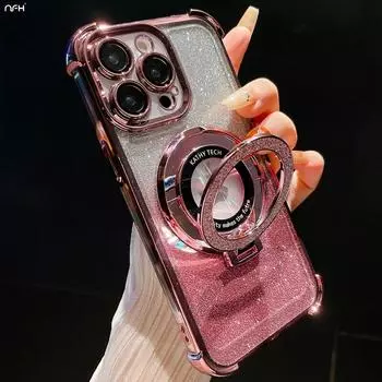 Роскошный чехол Magsafe для iPhone 15 Pro Max с магнитной вспышкой и подставкой для телефона iPhone 11 12 13 14 Plus, защитный чехол для объектива For iPhone 15 Plus чёрный