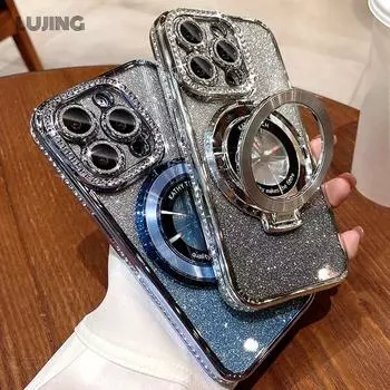 Роскошный чехол Magsafe Jeweled для iPhone 16 Diamond Cover 11 12 13 14 15 Pro Max Plus с блестками, магнитным кольцом, бампером, подставкой со стразами и блестками For iPhone 11 фиолетовый