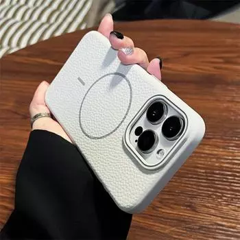 Роскошный чехол MagSafe Lychee Leather для iPhone 16 Pro Max/15/14 Plus/13/12/11 Pro | Беспроводная зарядка и защита от падений iPhone 16 Pro Max белый