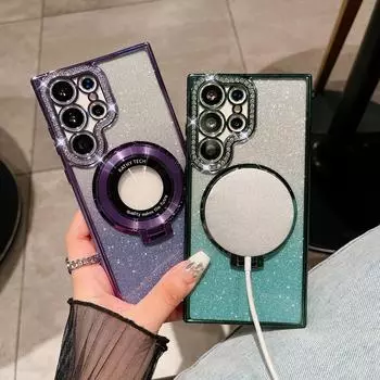 Роскошный чехол Magsafe с бриллиантовым блеском для Samsung Galaxy S24 Ultra S22 S23 Ultra Plus, силиконовый мягкий чехол с магнитной подставкой для Iphone 15 14 13 Pro iphone 15 зелёный