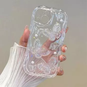 Роскошный 3D чехол с бабочками и жемчужным блеском для iPhone 16 15 14 Plus 13 12 11 Pro Max X XR XS Max, милый прозрачный мягкий противоударный чехол для девочек iPhone 14 Pro Max
