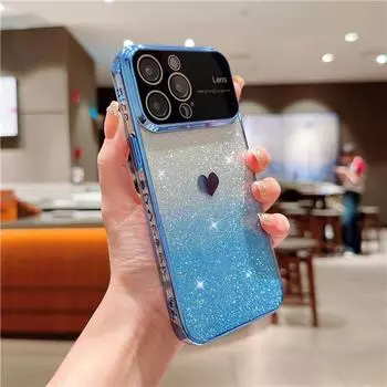Роскошный чехол с бампером в виде сердца и любви с постепенной вспышкой для iPhone 14 13 12 11 Pro Max, защитная пленка для объектива 14 Plus, блестящий чехол For iPhone 12 Pro