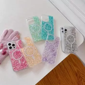 Роскошный чехол с блестками и каменным узором для iPhone 16, 15 Pro, 14, 13, 12 Pro Max, 11, для беспроводной зарядки Magsafe, тонкий чехол с капельным клеем iPhone 16 серебряный