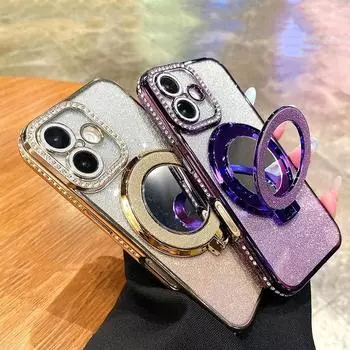 Роскошный чехол с блестящей пудрой и бриллиантовой оправой, магнитный чехол для телефона с беспроводной зарядкой для iPhone 16, 15, Pro Max, 14, 13, 12, 11, чехол-держатель для зеркала для макияжа iPhone 11 Pro Max золотой