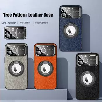 Роскошный чехол с большим окном для Magsafe, магнитный чехол для беспроводной зарядки для iPhone 14 13 12 11 Pro Max, кожаный чехол для объектива камеры с узором дерева iPhone 14 Pro Max чёрный
