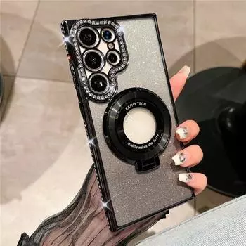 Роскошный чехол с градиентным блестящим бриллиантом и подставкой, магнитный чехол Magsafe для Samsung Galaxy S24 S23 Ultra S22 Plus/iphone 15 14 13 12 11 Pro Max Samsung S24 серебряный