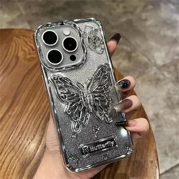 Роскошный чехол с градиентным цветом и блестящим кронштейном-бабочкой-держателем для iPhone 14 12 13 15 Pro Max, мягкий прозрачный чехол iPhone 15 Pro Max чёрный