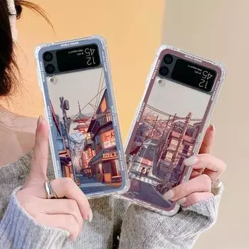 Роскошный чехол с изображением дома в японском стиле для Samsung Galaxy Z Flip 3 4 5g Funda Z Flip3, прозрачный чехол для телефона с жесткой задней панелью Samsung Z Flip4 5G