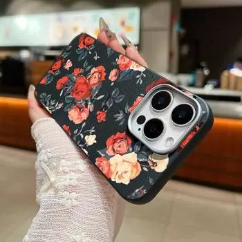 Роскошный чехол с кожаной текстурой и принтом роз для iPhone 16 Pro Max 15 Plus 14 Pro 13 12 11 XS XR 8 7, тонкий, мягкий, ударопрочный чехол из ТПУ iPhone 16 чёрный