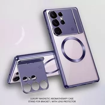 Роскошный магнитный чехол для ароматизатора Samsung Galaxy S25 S24 S23 S22 S21 Ultra с защитой объектива, складной кронштейн, металлический чехол для Magsafe For Samsung S23 Ultra чёрный