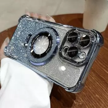 Роскошный чехол с магнитным держателем с гальваническим покрытием и блестками для iPhone 17 Air 16 15 14 13 12 11 Pro Max Plus, прозрачная крышка с беспроводной зарядкой For iPhone16ProMax