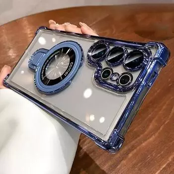 Роскошный чехол с магнитным кольцом и прозрачным покрытием для Samsung Galaxy S25 S24 Ultra S23 S22 S21 Plus Magsafe Stand Holder Shockproof Cover For Samsung A55 чёрный