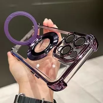 Роскошный чехол с магнитным кольцом и прозрачным покрытием для iPhone 16, 15, 14 Plus, 13, 12, 11 Pro Max, для держателя подставки Magsafe, противоударный чехол For iPhone 16 Pro Max чёрный