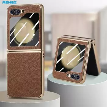 Роскошный чехол с покрытием из личи для Samsung Galaxy Z Flip 5 4 5G, противоударный чехол из искусственной кожи, защитная пленка For Galaxy Z Flip 4 красный