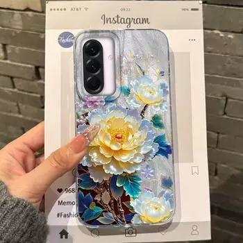 Роскошный чехол с синими цветами для женщин для Samsung Galaxy A56 A16 A17 A26 A36 A06 A07 A55 A35 A25 A54 S24 S25 Ultra S22 S23 FE Samsung A25 белый