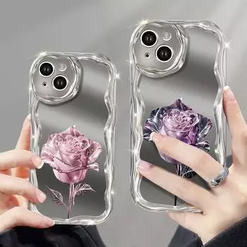 Роскошный чехол с волнистым принтом розы, мягкий чехол из ТПУ для iPhone 15 Pro Max 14 Pro 13 12 11, зеркальное покрытие, противоударная защита линз, глянцевая крышка iPhone 15 светло-розовый