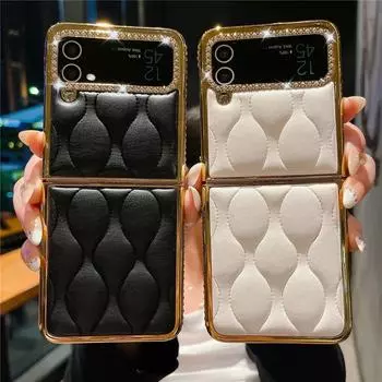 Роскошный чехол с золотым блеском и бриллиантами для Samsung Z Flip 3 Flip 5, мягкий кожаный чехол в полоску в клетку для Samsung Galaxy Z Flip 4 galaxy z flip 5 красный