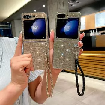 Роскошный чехол-шнурок с гальваническим покрытием Water Diamond для Samsung Galaxy Z Flip 6 5 4 3 со стразами, жесткий противоударный чехол с полной защитой For Galaxy Z Flip6 чёрный