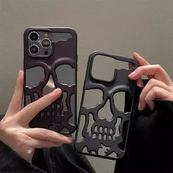 Роскошный чехол со скелетом и черепом для iPhone 11, 12, 13, 14, 15 Pro Max, чехлы для телефонов, противоударная задняя крышка, полная защита полого чехла для камеры iPhone 15 Pro Max чёрный