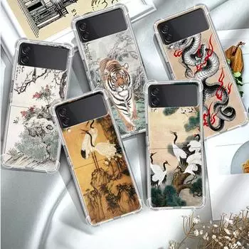 Роскошный чехол Tiger Crane Art для Samsung Galaxy Z Flip 3 4 5g Funda Z Flip3, прозрачный жесткий противоударный чехол для ПК, чехол для телефона Samsung Z Flip 5G
