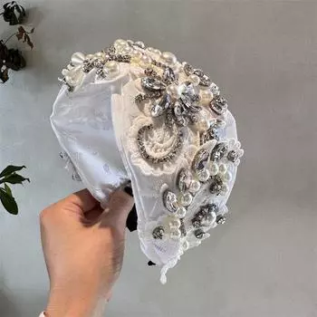 Роскошный Черно-белый Хрустальный Вышитый Цветочный Ободок для Волос для Женщин Девушек Путешествия Приморский Широкий Обруч Головной Убор Резинки для Волос