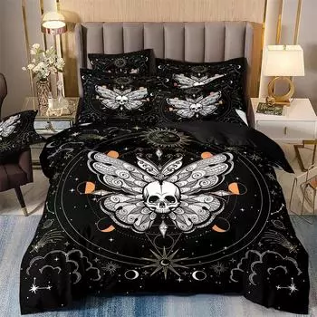 Роскошный черный комплект постельного белья с принтом галактики, пододеяльник галактика, галактика, звездное небо, бабочка, череп, моль, комплекты одеял на Хэллоуин US King 264x228cm