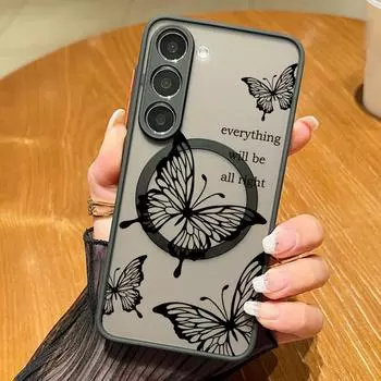 Роскошный черный принт бабочки для магнитного чехла MagSafe для Samsung S24 FE S23 Ultra A55 A54 A34 A35 A14 мягкий противоударный прозрачный матовый чехол Samsung S24 FE чёрный