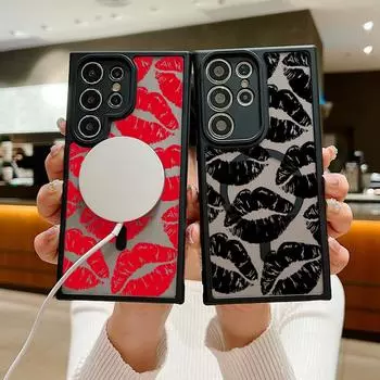 Роскошный цветной чехол с рисунком губ, противоударный магнитный чехол для телефона Samsung S24 Plus S23 FE S22, ультратонкий прозрачный матовый акрил для чехла MagSafe Soft Edge Samsung S24 жёлтый