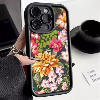 Роскошный цветной цветочный принт мягкий чехол для телефона TPU для iPhone 16 Pro Max 15 Pro 14 13 12 11 XR XS 8 7 защита объектива противоударный матовый бампер чехол iPhone 15 чёрный