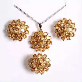 Роскошный цветочный дизайн, комплект колец, серег и ожерелья с натуральным цитрином, элегантные женские украшения, подарок на годовщину, свадьбу и банкет US RING SIZE:6# цитриновый