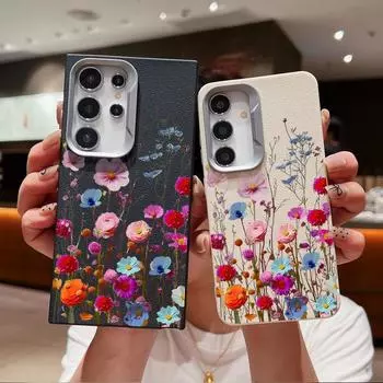 Роскошный цветочный принт тонкий матовый чехол из ТПУ для Samsung S24 FE S23 S22 Ultra S21 A55 A16 A54 A35 A34 A15 A14 кожаная текстура противоударный мягкий чехол для телефона Samsung S24 FE чёрный