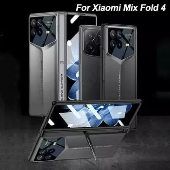 Роскошный деловой чехол-книжка для Xiaomi Mix Fold 4, черный, серый, магнитная подставка, шарнир, внешнее стекло, полностью в комплекте, пластиковый противоударный защитный чехол For Xiaomi Mix Fold4 чёрный