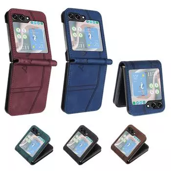 Роскошный деловой кожаный чехол премиум-класса для Samsung Galaxy Z Flip 6 5 4 3 слота для кредитных карт чехол для телефона противоударный защитный бампер For Samsung Z Flip 6 красный