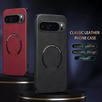 Роскошный деловой кожаный магнитный чехол для телефона Magsafe для Google Pixel 9 Pro XL с беспроводной зарядкой, защитный экран, противоударный защитный жесткий чехол For Pixel 9 Pro XL чёрный