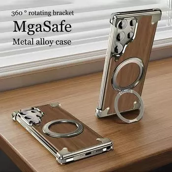 Роскошный деревянный магнитный чехол для телефона Samsung Galaxy S24 Ultra Magsafe 360° Kickstand Безрамный бампер с защитой от падений задняя крышка телефона For Samsung S24 Ultra