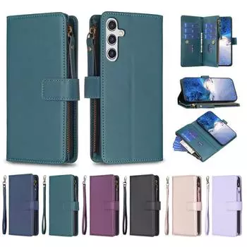 Роскошный держатель для 9 карт, карман на молнии, кожаный чехол для сумки, магнитная застежка, подставка, ремешок на запястье, противоударный флип-чехол для iPhone 15 14 13 12 11 Pro Max iPhone 15 Plus чёрный