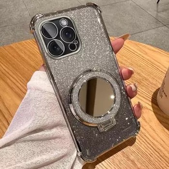 Роскошный держатель зеркала блестящий силиконовый чехол для телефона iPhone 16 15 14 13 12 11 Pro Xs Max X XR Plus ультратонкий чехол-подставка For iPhone 7 or 8 синий