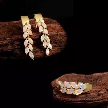 Роскошный дизайн, камень, родившийся в октябре, натуральный опал, желтое серебро 18 карат, комплект украшений, кольцо, серьги, подарок на годовщину и свадьбу женщины US RING SIZE:6# жёлтый