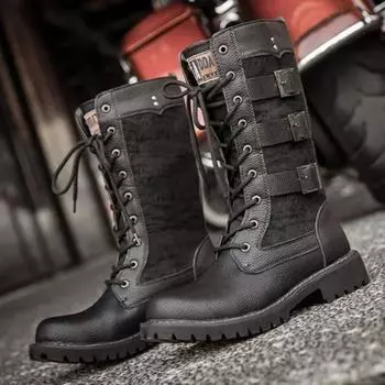 Роскошный дизайн кожаные мотоботы с пряжкой и ремешком до середины голени мужские мотоциклетные ботинки модные на шнуровке британский стиль качественные мужские туфли Botas Hombre 38 чёрный