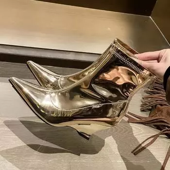 Роскошный дизайн, остроносые ботинки челси на танкетке, женские зимние ботинки 2025 года из лакированной кожи во французском стиле с молнией сзади для женщин Botas 35 чёрный