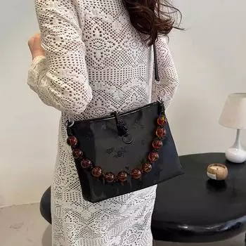 Роскошный дизайн ретро женские сумки большой емкости черные печатные нейлоновые сумки через плечо модные бисерные шнурки плечевые ремни женская сумка