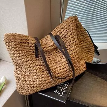 Роскошный дизайн соломенные плетеные сумки-тоут для женщин большая вместительная сумка через плечо пляжная сумка чистый цвет летняя новая большая сумка для покупок 42x36x4cm светло-коричневого