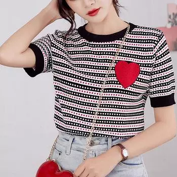 Роскошный дизайнерский бренд вязаный топ для женщин с круглым вырезом Hot Drilling Red Love Полосатые трикотажные футболки Черный Синий Лето B-090