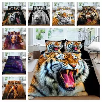 Роскошный домашний комплект постельного белья с 3D рисунком тигра, полноразмерное пододеяльник и наволочка, моющееся удобное постельное белье для спальни с принтом свирепого зверя UK Single 135x200cm