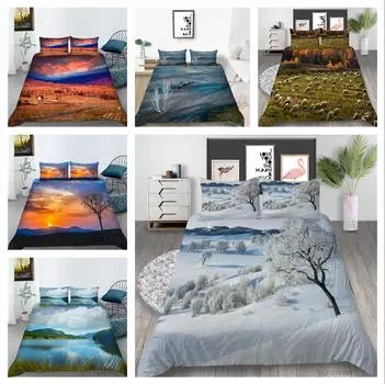 Роскошный домашний комплект постельного белья с 3D лесным узором, полноразмерное пододеяльник и наволочка с пейзажным принтом, моющиеся и удобные постельные принадлежности для спальни UK Single 135x200cm