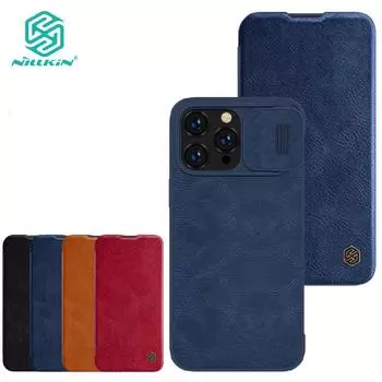 Роскошный флип-чехол Nillkin QIN Pro из искусственной кожи для iPhone 14 Pro Max, противоударный защитный чехол-слайдер для камеры с держателем для карт iPhone 14 Pro Max синий