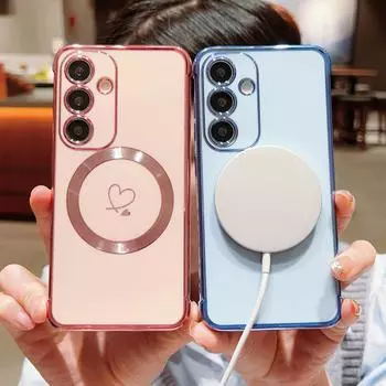 Роскошный гальванизированный чехол Magsafe love Heart для Samsung Galaxy S21 S23 S24 S25 Plus Ultra S21FE S23FE с магнитной беспроводной зарядкой и противоударным покрытием iPhone 13 Pro синий