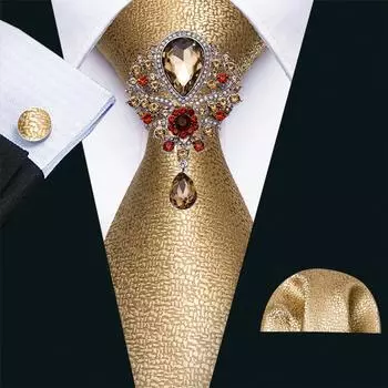 Роскошный галстук с брошью для мужчин, однотонный формальный шелковый галстук с узором пейсли, комплект запонок с носовым платком N-0532